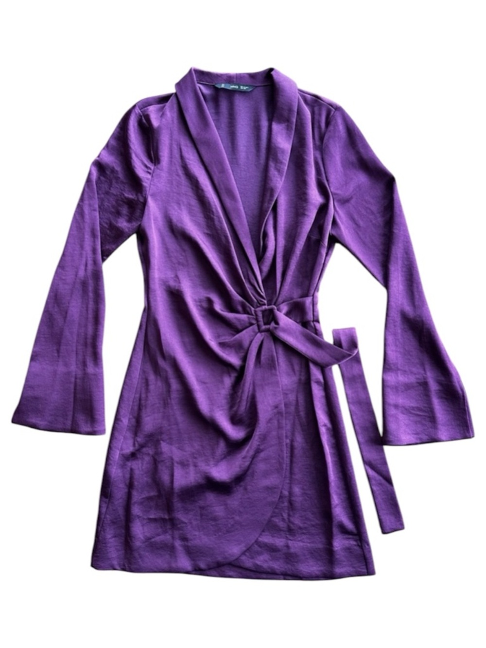 MANGO Wrapped Satin Buckled Dress Dark Purple Whimsical Statement Flare Sleeves